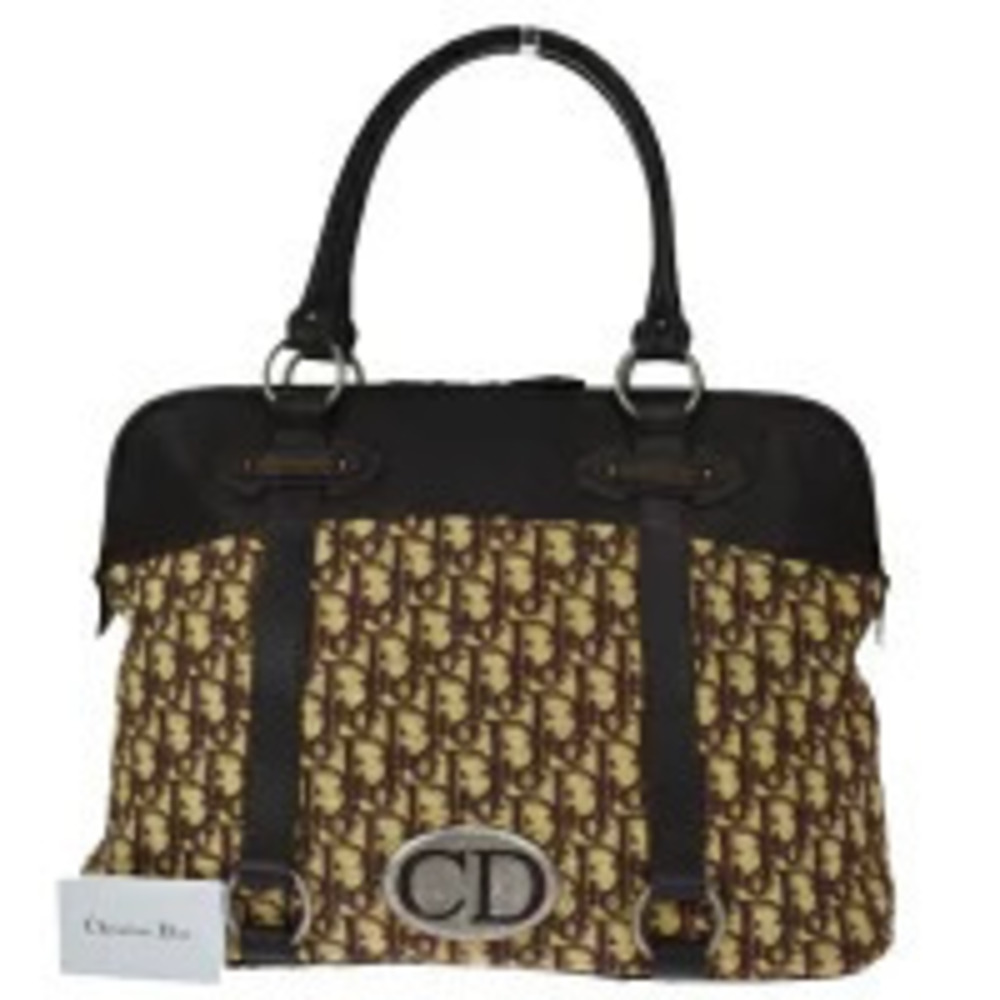 Christian Dior Trotter Boston Bag Shoulder Handbag Brown Canvas Leather